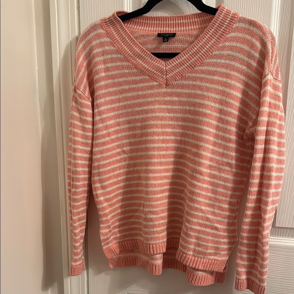 Striped V-Neck Sweater in Pink and White